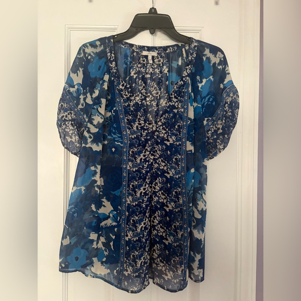 Joie Gloria Top | 100% Silk Blue Floral Sheer Blouse Size L
